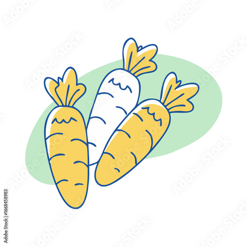 Three stylized carrots in various colors on a green oval background