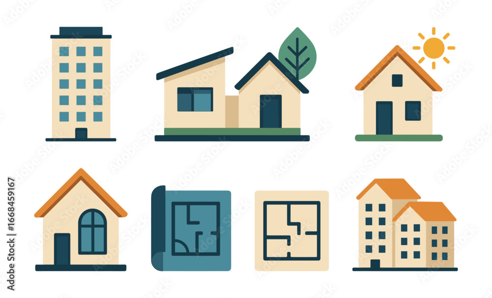 Flat design architectural icons featuring houses and floor plans for real estate projects Flat design architectural icons featuring houses and floor plans for real estate projects
