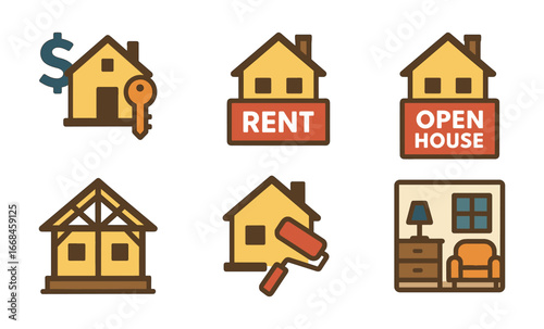 Real estate icons set: home buying, renting, selling, renovation, interior design