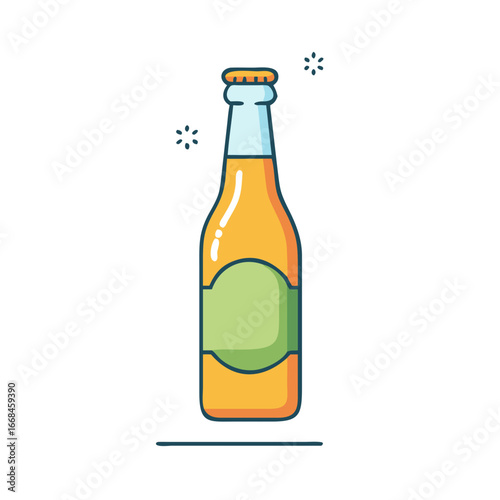 Cartoon Style Illustration of an Amber Beer Bottle with a Green Label