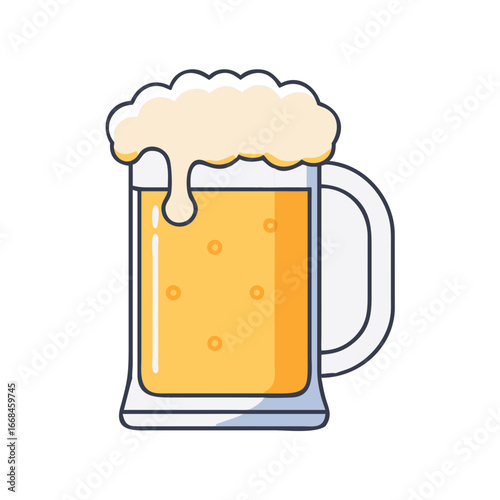 A delightful cartoon illustration of a frothy beer mug on white
