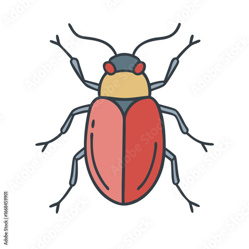 Stylized illustration of a colorful beetle insect with six legs and antennae