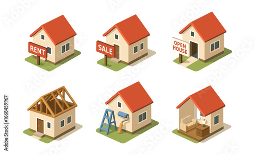 Isometric real estate homes for rent sale and construction