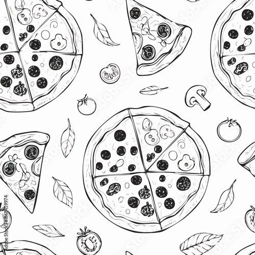 Hand-drawn pizza seamless pattern sketch black and white vintage illustration