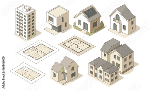 Modern isometric building collection with floor plans for architectural design