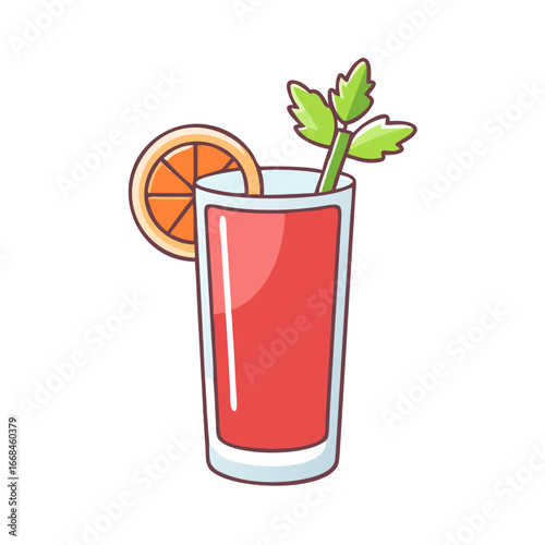 A delicious cartoon bloody mary cocktail with orange slice and celery