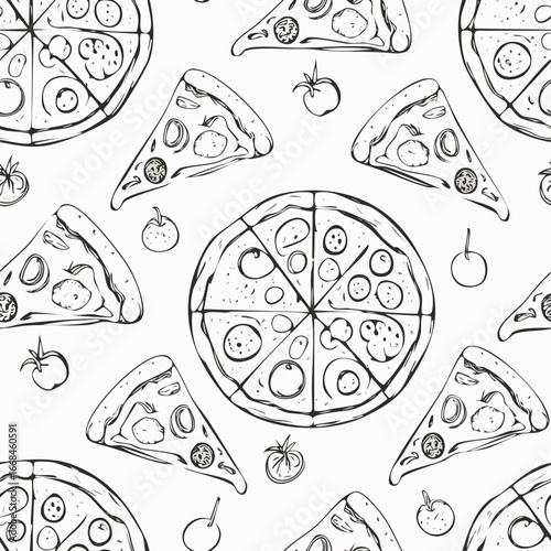 Hand-drawn pizza seamless pattern sketch black and white vintage illustration