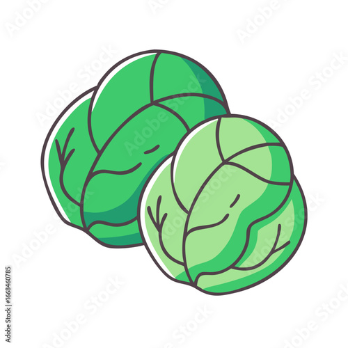 Two green Brussels sprouts with black outlines on a white background