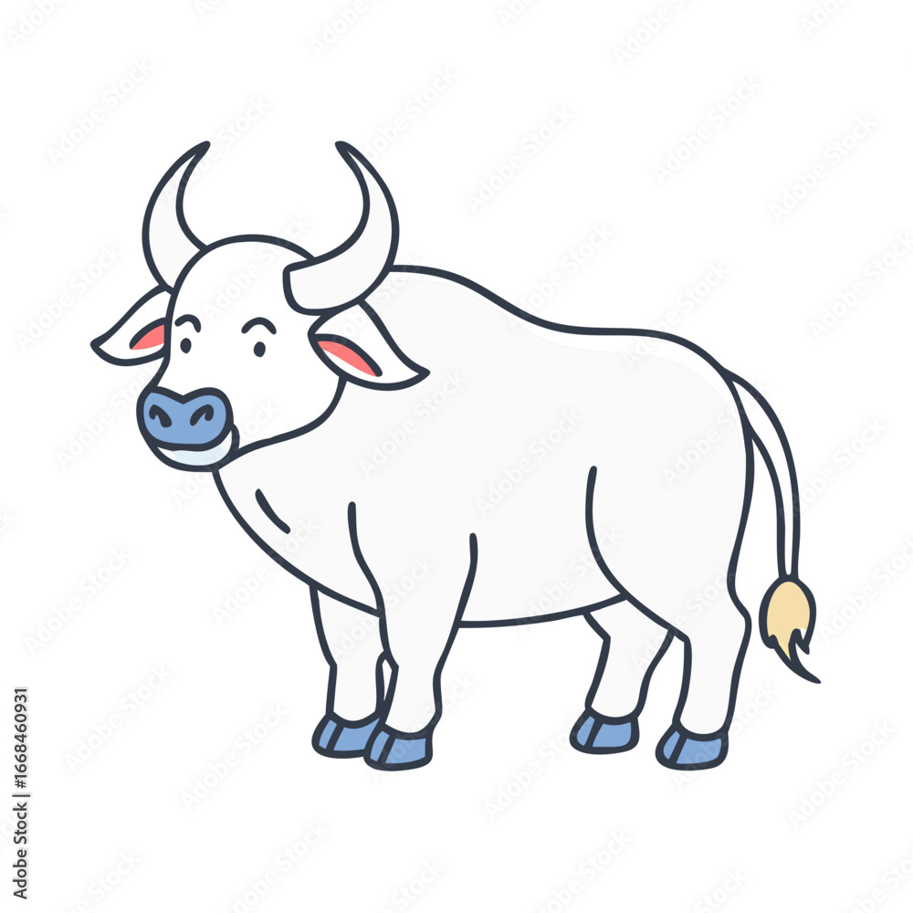 Fototapeta premium Cute Cartoon White Water Buffalo with Blue Hooves and Black Outline