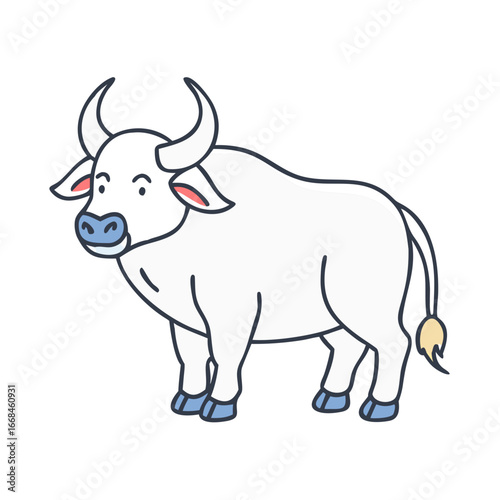 Cute Cartoon White Water Buffalo with Blue Hooves and Black Outline