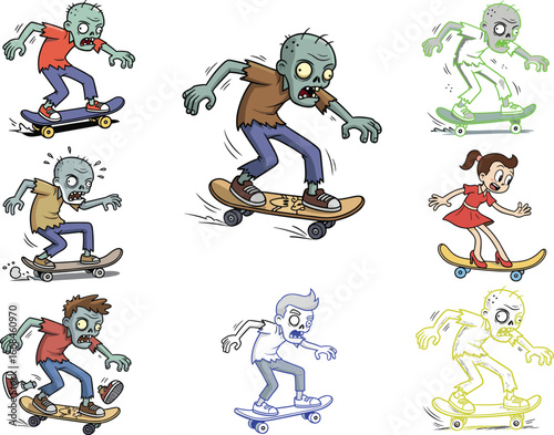 Zombie skateboard characters, cartoon skater zombies, glowing neon figures, children skating, animated undead, funny skateboarding illustration, horror sports concept, vector style art
