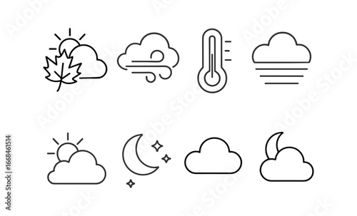 Weather icons set: simple line art featuring sun, clouds, wind, and thermometer symbols for forecast apps