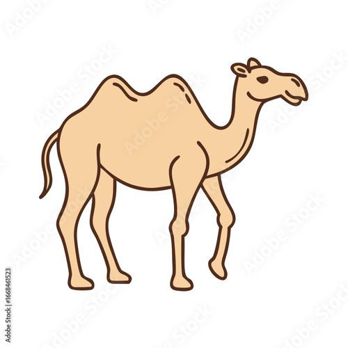 Cartoon illustration of a dromedary camel walking with a smile on white