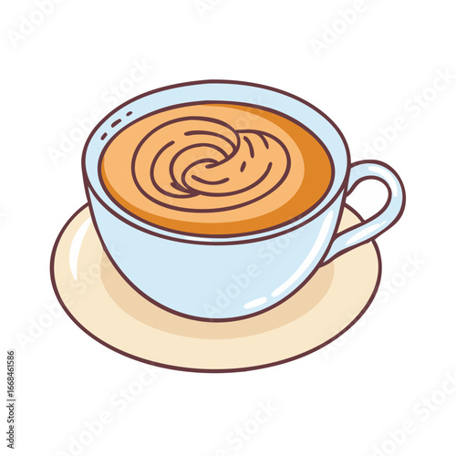 A cup of warm creamy beverage with latte art and light blue cup