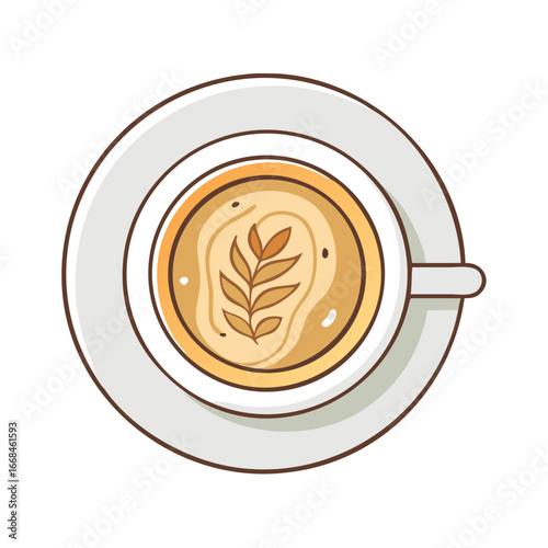 Overhead view of a latte with leaf art in a white mug