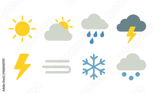 Minimalist weather icons set featuring sun, clouds, rain, snow, and lightning