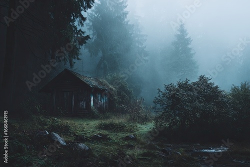 Misty forest cabin