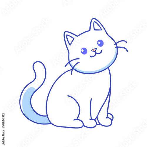 Adorable cartoon cat with blue outlines and large eyes sitting patiently