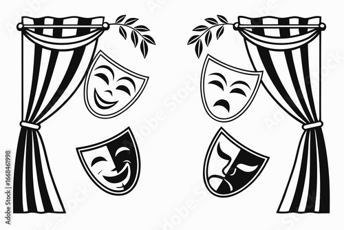 Comedy and Tragedy Masks with Theatre Curtains.