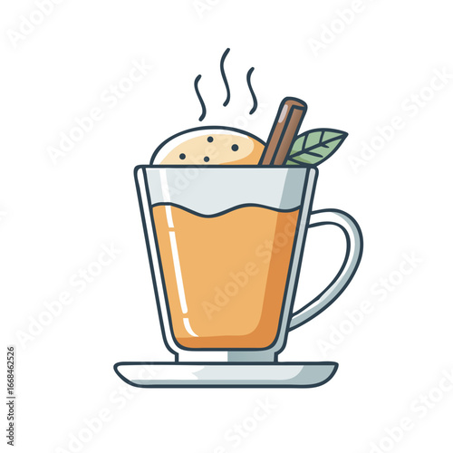 Illustration of warm beverage with topping, cinnamon stick, and mint garnish