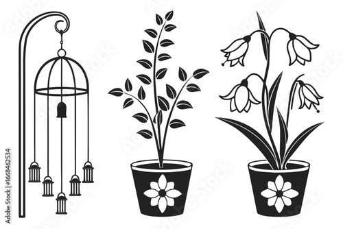 Decorative Hanging Lanterns and Potted Flowers.