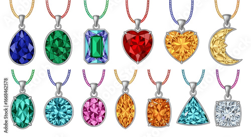 Collection of colorful gemstone pendants of various shapes hanging on delicate silver chains