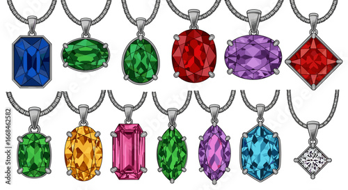 Collection of colorful gemstone pendants hanging from silver chains in various shapes and sizes