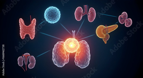 Human Endocrine System Diagram on Dark Background Conceptual Illustration