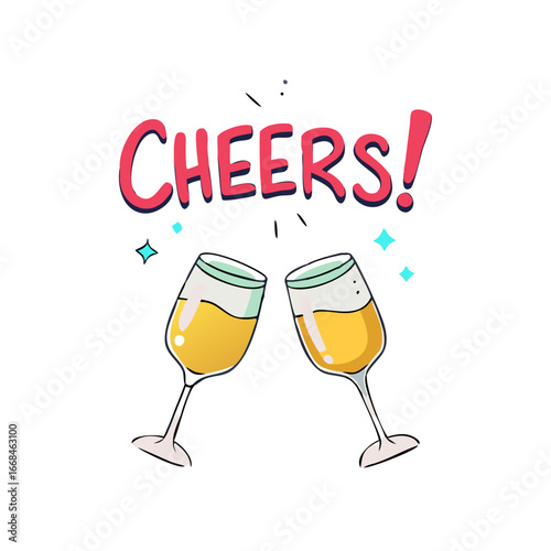 Cartoon illustration of clinking champagne glasses with the word Cheers written above