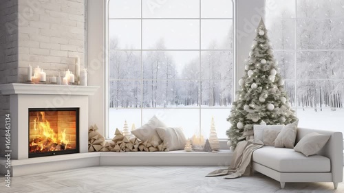 Winter interior of modern living room with fireplace, Christmas theme