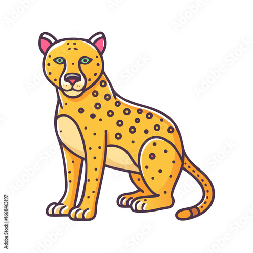 Cartoon style cheetah with green eyes calmly sitting and looking forward