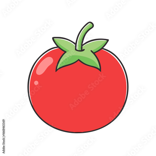 Illustration of a vibrant red tomato with green stem and leaves