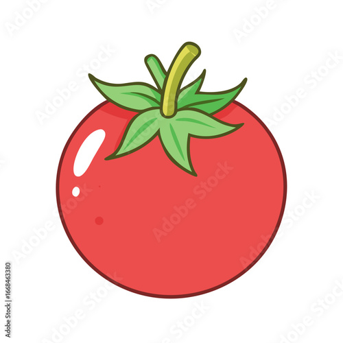 Cartoon tomato with green leaves and yellow stem on white background