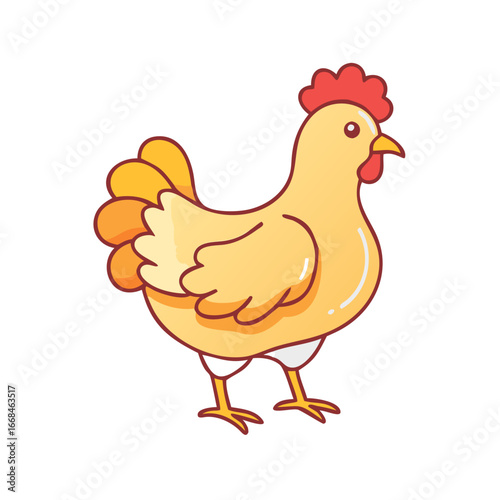 Cartoon illustration of a plump chicken, a farm animal on white background