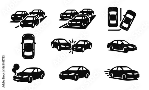 Silhouette car icons: traffic, collision, accidents, speeding in black and white