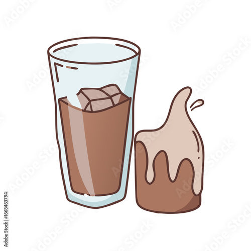 Cute cartoon illustration of a chocolate drink with ice and a dessert