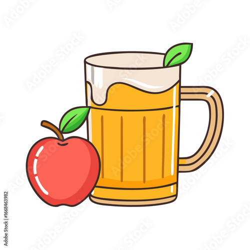 Cartoon drawing of a mug of apple cider with a red apple