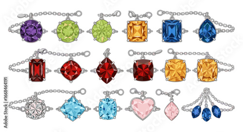 Collection of colorful gemstone pendants with silver chains in various shapes and settings