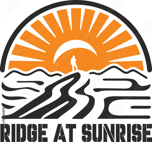 Inspiring Ridge at Sunrise Logo Showcasing a Hiker on a Mountain Peak with a Vibrant Sunrise Backdrop and Bold Typography