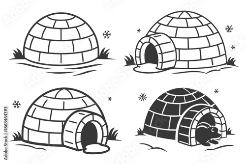 Four Igloos with Snowflakes and Animal.