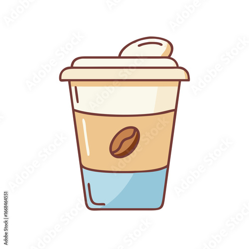Cute cartoon style coffee cup with a coffee bean symbol graphic