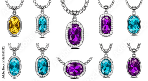A collection of ten necklaces with colorful gemstone pendants and silver chains displayed together nicely