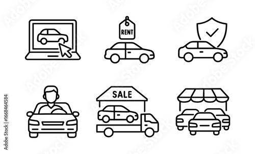Car rental and sale icons in linear style featuring cars, showrooms, and deals