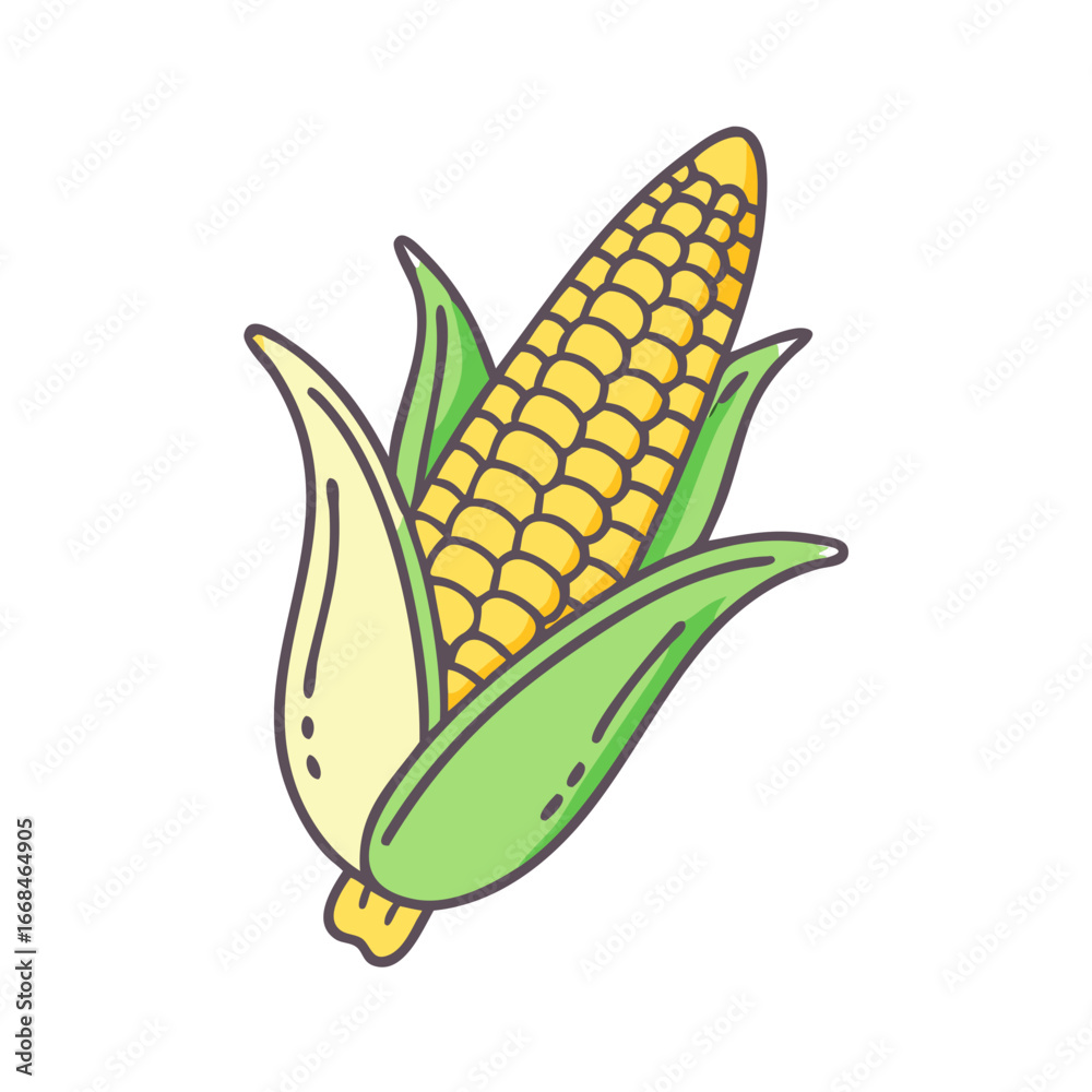 Obraz premium Cartoon Illustration of Fresh Corn on the Cob with Husk Leaves
