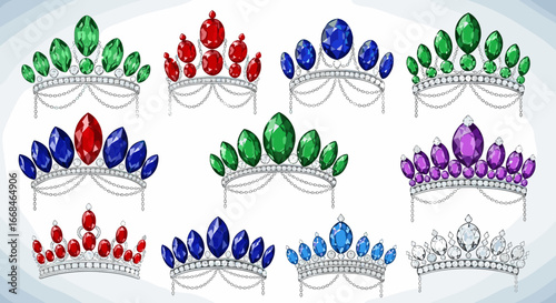 Collection of nine ornate crowns adorned with colorful gemstones and delicate silver chains illustration