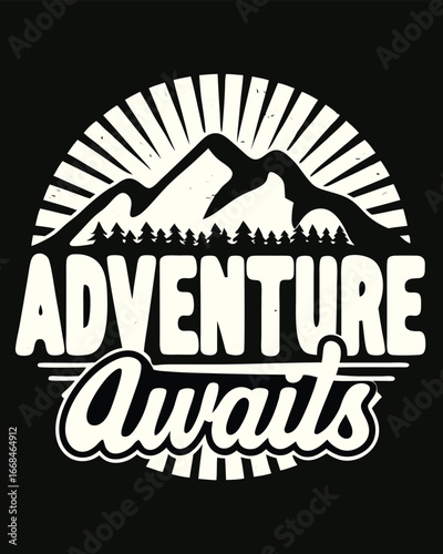 Adventure Awaits Mountain Illustration with Sun Rays and Trees Inspiring Outdoors and Exploration for T-Shirts and Prints