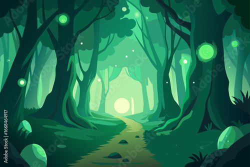 A path through a green forest with glowing orbs light