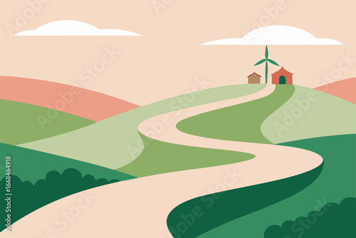 Winding path leading to a windmill on a hilltop