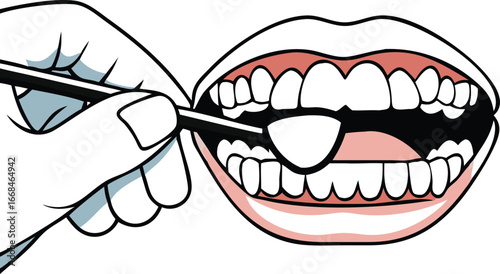Dental examination of open mouth showing teeth and gums with dentist tool
