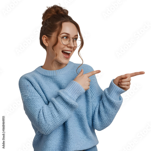 Excited woman pointing and smiling, perfect for advertising, promotions, or marketing campaigns